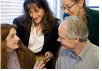 ?If I were choosing a consultant, I?d want a sense of what that person is like to work with.  For that reason, I asked clients and colleagues with whom I?ve collaborated to be photographed for this site. The dynamics you see are real, and representative of what it to like to work with me.?